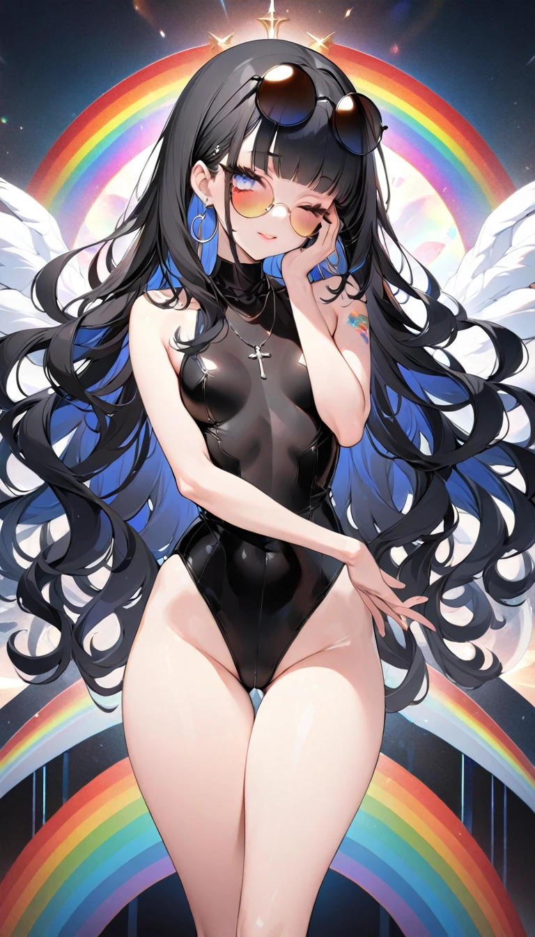black long hair, blunt bangs,((((Jet black, black hair)))),(ultra-detailed eyes, beautiful and detailed face, detailed eyes: 0.9), ,((full shot)), , longeyelashes, beautiful hair, beautiful face, beautiful detailed eyes, beautiful clavicle, beautiful body, beautiful chest, beautiful thigh, beautiful legs, beautiful fingers, unity 8k wallpaper, anatomically correct, (((masterpiece))), (((best quality))), (((ultra detailed))), (((high-resolution))), ((super fine illustration、thin thighs)),Ultra-detailed photography with great depth of field, detailed eyes, ,small breasts,(((Put your hands on your face、))),(masterpiece,best quality,ultra-detailed),Rainbow , One Girl, alone, Long Hair, (((Big round sunglasses on your head))), View your audience, Glowing Eyes Background, jewelry, Mouth closed, Happy, Jacket, Upper Body, Earrings, necklace, From the side, sweater, lips, eyelash, Compensate, Wavy Hair, Earrings, cross, lipstick, ear Earrings, eye shadow, hoop Earrings, pink lips, Variegated eyes ,eye shadow, tattoo, Dark Background ,sunglasses