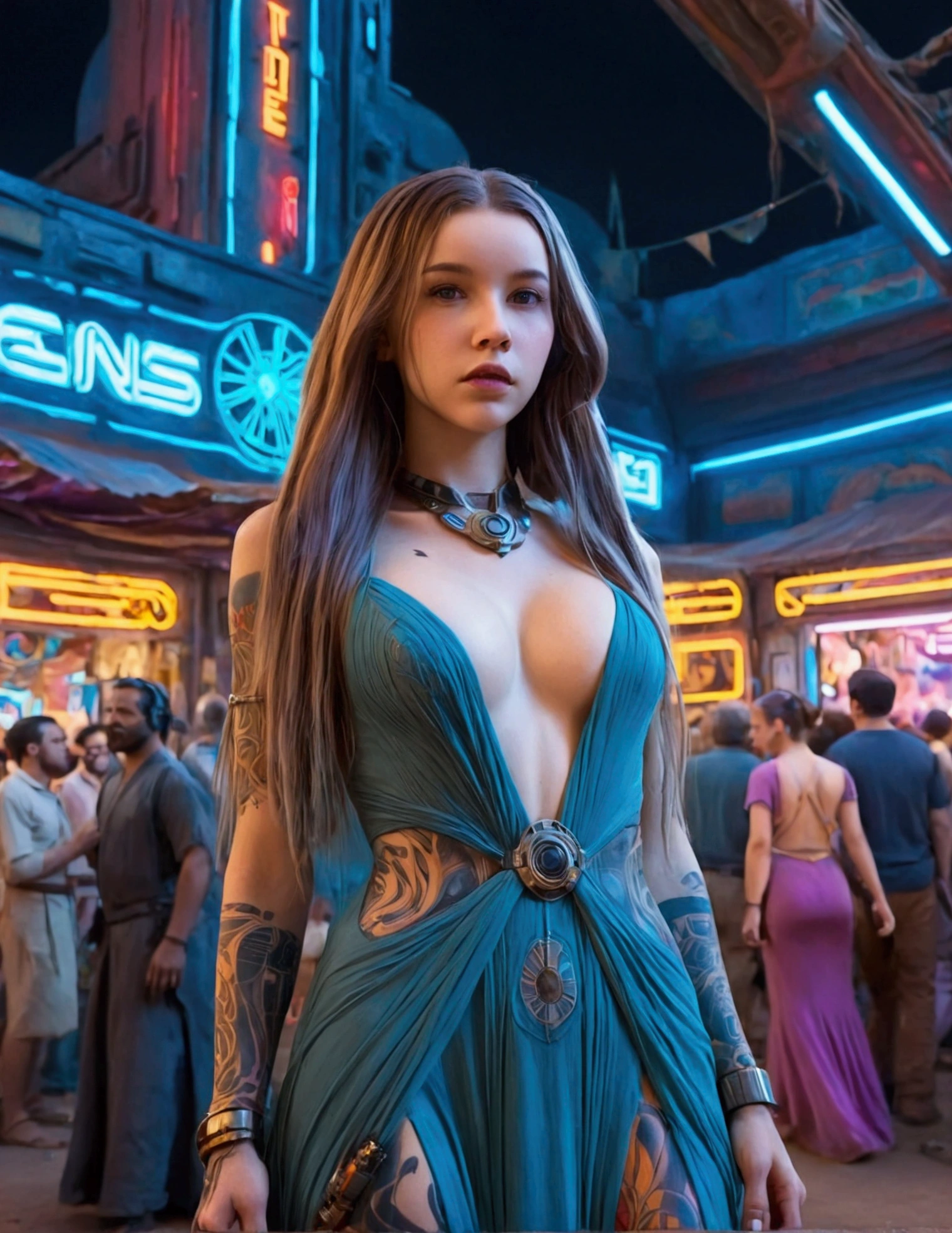 a lovely woman in an airy dress, marketplace on tattooine, aliens, star wars, cyberpunk, neon lights, crowd, futuristic, vibrant colors, detailed, photorealistic, 8k, high quality, cinematic, dynamic pose, beautiful girl, long flowing hair, intricate dress design, alien vendors, bustling marketplace, scifi atmosphere, dramatic lighting, advanced technologies, retro-futuristic, gritty urban, synergistic blend