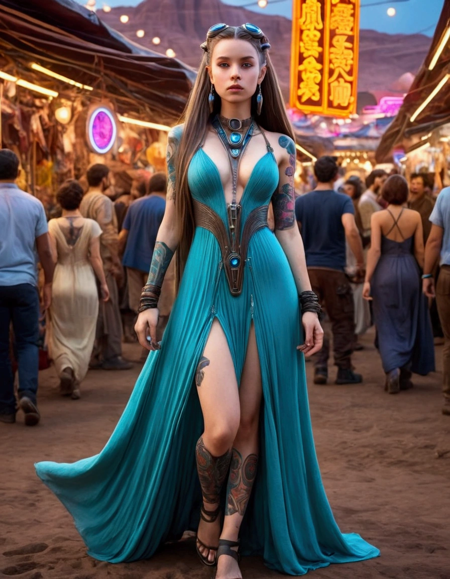 a lovely woman in an airy dress, marketplace on tattooine, aliens, star wars, cyberpunk, neon lights, crowd, futuristic, vibrant colors, detailed, photorealistic, 8k, high quality, cinematic, dynamic pose, beautiful girl, long flowing hair, intricate dress design, alien vendors, bustling marketplace, scifi atmosphere, dramatic lighting, advanced technologies, retro-futuristic, gritty urban, synergistic blend
