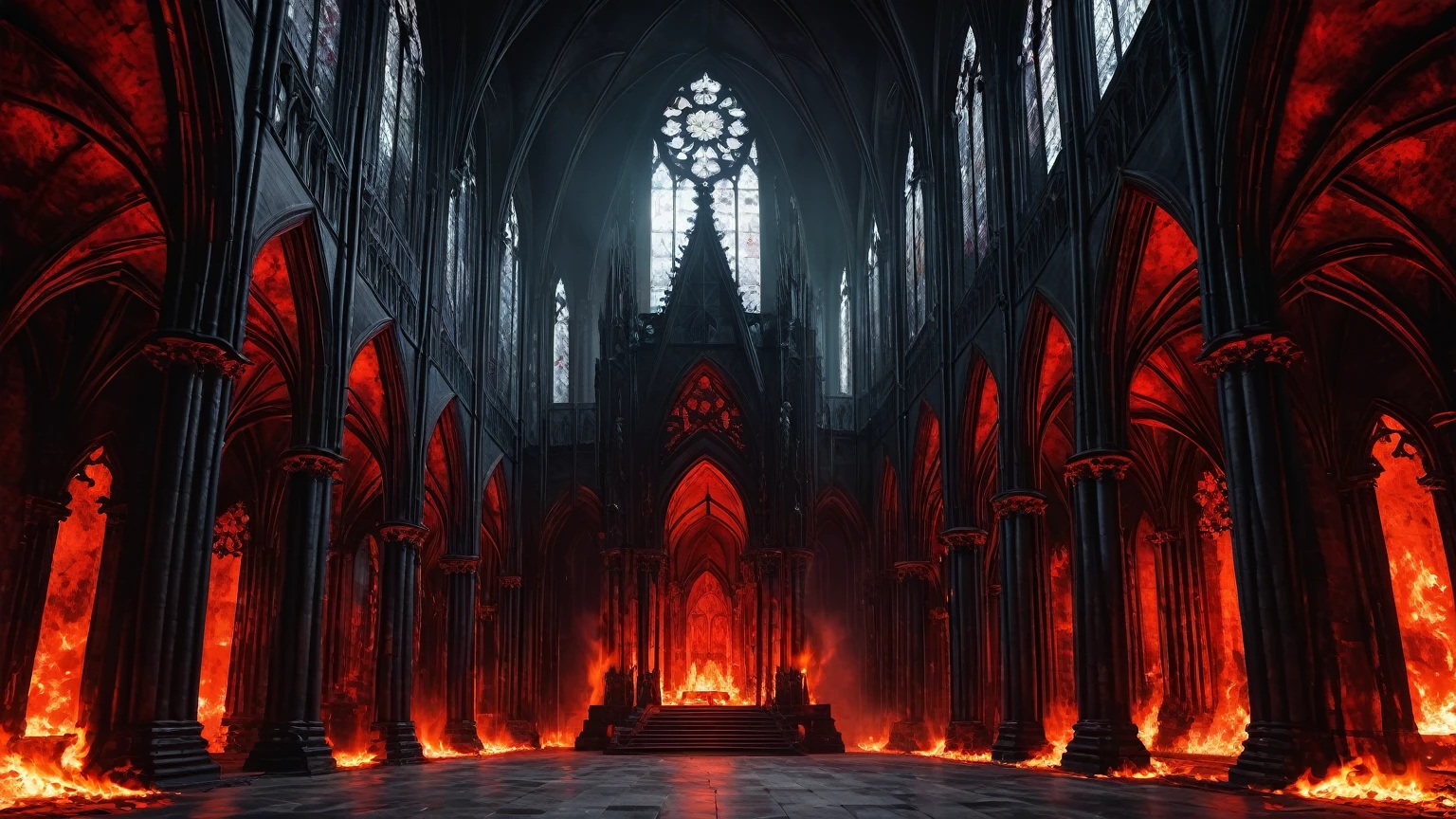 interior of a fiery dark gothic cathedral, red & black, flames, hell, inferno, background