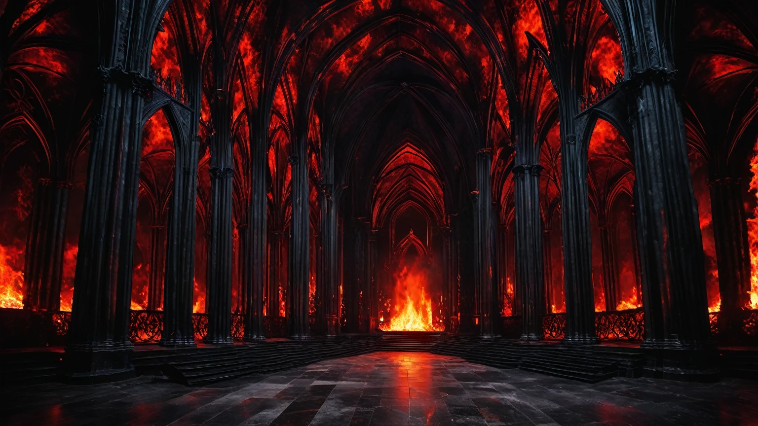 interior of a fiery dark gothic cathedral, red & black, flames, hell, inferno, background