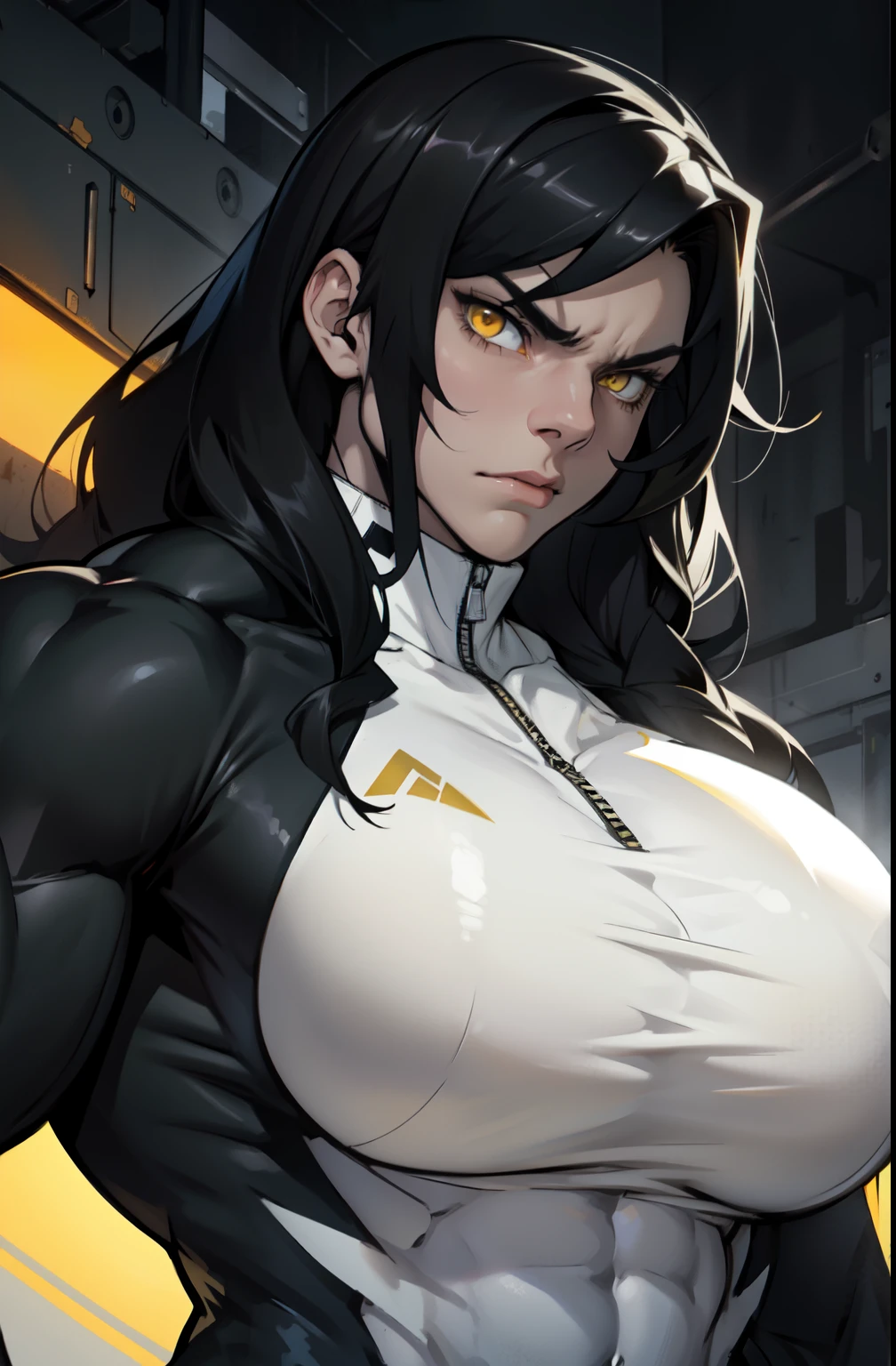 pale skin solo 1 girl black hair yellow eyes angry very long hair dark atmosphere ((huge breasts bodybuilder toned body muscular)) white skinsuit