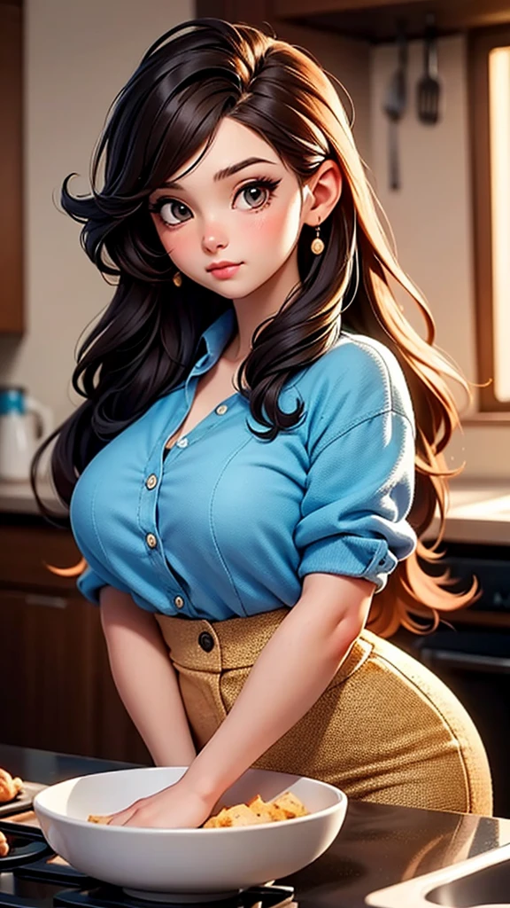 25-yo girl with long brown hair and blue shirt posing in kitchen, fluffy hair, flowing massive hair, cute detailed digital art, deviantart artstation cgscosiety, in the style of ross tran, beautiful digital artwork. UHD, best quality, 16k, anatomically correct, textured skin, super detail