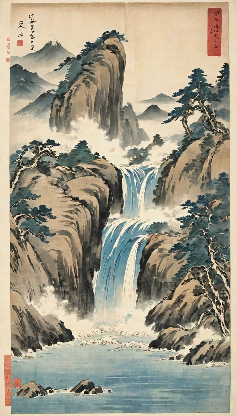 Katsushika Hokusai、vague、Mont、cliff、A waterfall falling from a height、Splash、Rock surface、Ink and watercolor、Light tones、Large brush letters、Chinese Text、Ink Painting、calligraphy,、Chinese character、Fading of Japanese paper、Washi paper folds、the art of chinese calligraphy、Text Overlay