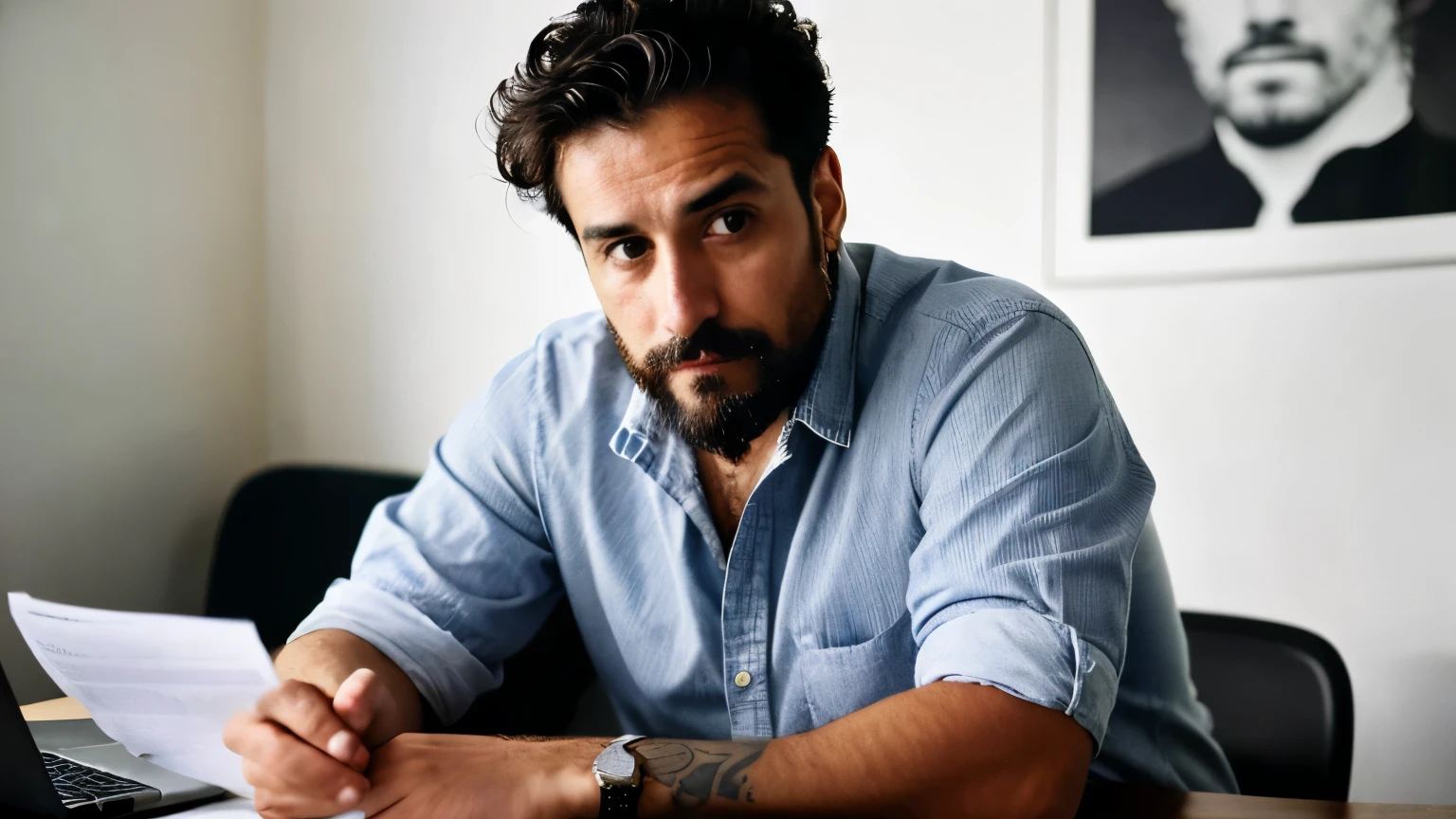 ((best qualityer)), ((work of art)), (detailded),.Create an image of a man named Arturo, 28 years old, following semantics 1798464125. Arturo has an unshaven beard, giving a slightly disheveled but charming appearance. He has a thoughtful and serious expression. Arturo has short, dark hair, deep eyes and a posture that conveys confidence. He is wearing a casual shirt and jeans.
Scenario 1: A man saw a photo of his missing brother in his boss's office. Arturo is in the office, staring at a framed photograph on the wall, visibly shaken and confused. The office has an elegant and modern decor, with dark wood furniture and sophisticated details.
Scenario 2: curious, he starts investigating his boss. Arturo is at his house, at night, with papers and files spread across the table. He is concentrated, examining documents with a determined, investigative expression. The lighting is soft, with the light from a lamp focused on the table, Creating an environment of mystery and suspense."