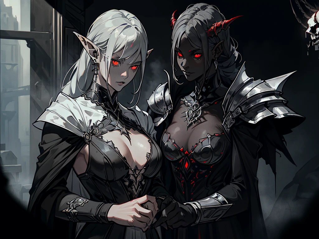 1girl, horror, dark elf princess, elden ring, (dark grey skin:1.5), true white long ponytail, ((perfect red eyes)), elf ears, earrings, detailed blood, highly detailed mechanical horns, (small breasts), ((black gothic prom dress)), wearing black fur cloak, bone armor, skull armor, volumetric lighting, ethereal fog, dark background, ultrasharp, best quality, masterpiece, realistic, anatomically correct, (strong cinematic lighting), ((rim lighting)), stunning details, intricate details, 8k post-production, high resolution, super details, sharp focus, depth of field f/1.8, studio photos, (((looking at camera)))