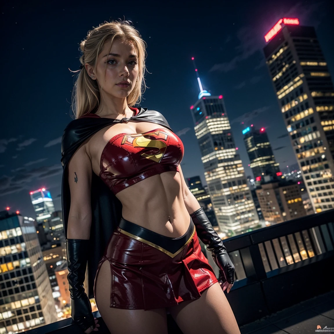 masterpiece, best quality, 1girl, supergirl,long hair,blonde hair,bodysuit,breasts,cape,belt,medium breasts,superhero,gloves,lips,black bodysuit,belt buckle, curvy, toned, large breasts, (cleavage), narrow waist, ((midriff visible)), short red skirt, realistic, 3d, night sky, cityscape, gotham city background, cape,