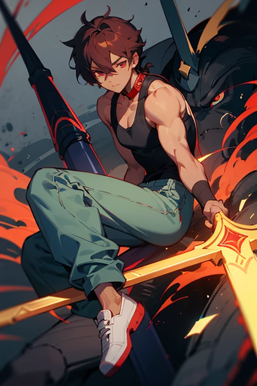 Anime, anime 2D, anime style, male, male chatacter, dark skin, masculine dark skin, fullbody, eyes, 2D realist eyes, detailed eyes, minimalist eyes, serious eye, red wine eyes, hair, short hair, short ponytail hair, red wine hair, mescle, shirt, black shirt, compression shirt tank top, high collar shirt, pants, long pants, shoes, bots, black bots, black male long bots, lance weapon, dragon symbol, golden lance weapon