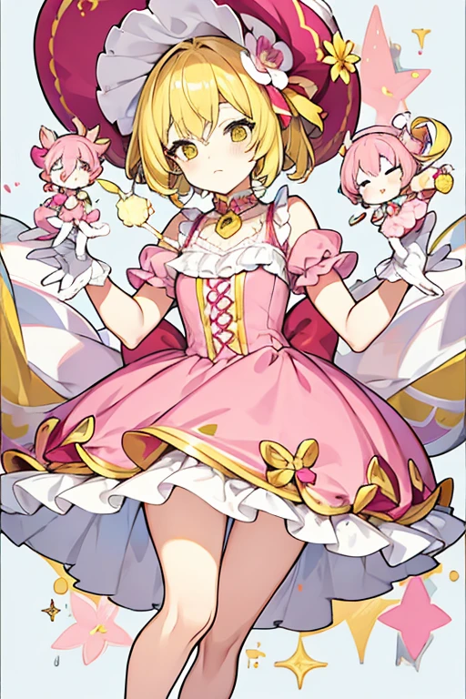 women, short yellow hair, clown makeup, pink hat with a flower, pink and white dress, white gloves, Payasa