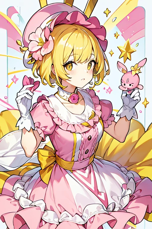 women, short yellow hair, clown makeup, pink hat with a flower, pink and white dress, white gloves, Payasa