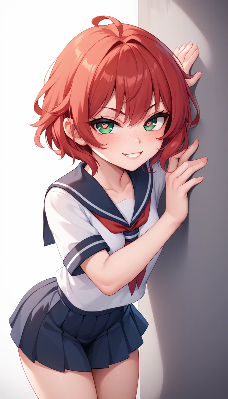 1 Girl, Small Breasts, Green Eyes, Heart Eyes, Deep Red Hair, Short Hair Style, Pale White Skin, Smooth Skin, Face Freckles, Slutty, Sexy, Sassy, Smirking, Tease, Teasing, Teasing, Sexy Pose, Young Girl, Very Small Girl, , Pushed Up Against Wall, Leaning Forward, Sexy School Girl Uniform