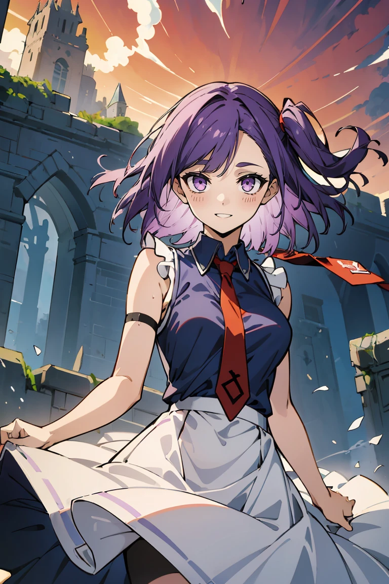 (masterpiece:1.2), (high quality:1.2), reo mikage, blue lock, girls with((1girl, solo, purple hair, (medium hair, right swept bangs, one side up:1.55), bare shoulder, blush, breasts, cowboy shot, navy blue shirt, chinese shirt dress, navy blue tops cheongsam, navy blue slit, white dress bottoms, frills dress, sleeveless, (collared shirt, red necktie:1.45), black armwarmers, elbow armwarmers, white princess dress, long dress, white frilled dress, (open dress:1.34), black shorts)), background with((fantasy world, ruin, castle, beautiful sky, shining sky, sunshine:1.35))