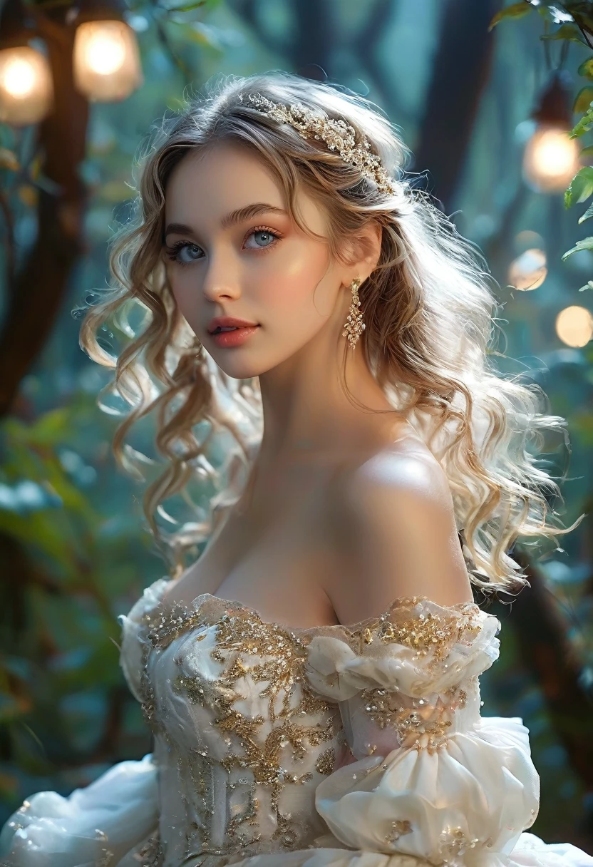 masterpiece, best quality, highly detailed, 1girl, solo, twintails, off-shoulder sweater, jacket, hairband, looking at viewer, smile, blush, wide smile, wide detailed green eyes, sexy pose. Ultra HD, Rococo-inspired fantasy art with intricate details. Cute and charming expression, seductive look, looking at the viewer Beautiful eyes, an ideal figure. Large, young, well-shaped breasts, round and massive breasts, cleavage. slim waist, fit body, full lips Warm lights, woman in a dream forest at night, with fluffy hair, delicate face, realistic, real, thin, wide opening, sexy photos, attractive poses,Stunnin gly beautiful fusion of Scarlett Johanson . Alison Brie, symmetrical face, photorealistic, photography, path tracing, specular lighting, volumetric face light, path tracing hair top quality{(masutepiece) (8K high resolution) (top quality) In nature's breath style.
