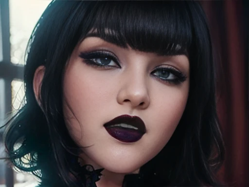 Hotel_Transylvania, musical thrush , blue eyes , beautiful face, pale, short black hair with bangs, most striking features, gothic makeup, big breasts, round and heavy, Red lipstick, looking at viewer with stunning bare shoulders INFO
