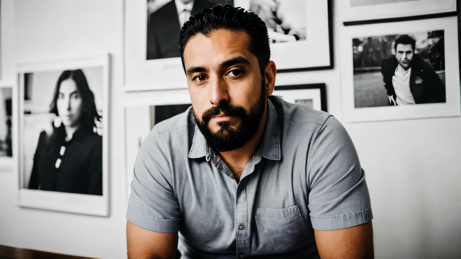 ((best qualityer)), ((work of art)), (detailded),Create an image of a man named Arturo, 28 years old, following semantics 1798464125. Arturo has an unshaven beard, giving a slightly disheveled but charming appearance. He has a thoughtful and serious expression. Arturo has short, dark hair, deep eyes and a posture that conveys confidence. He is wearing a casual shirt and jeans.
Scenario: Arturo observes the dozens of photographs hanging on the wall, but one in particular catches his attention and he begins to examine it with incredulous eyes.. It's hanging behind your boss's desk, Matteo, a respected man in the small investigation agency Discovery, which he owns. In the photo, which can be easily confused among all the other, three people appear: Matteo, with his haughty smile and authoritative posture, and next to him, your brother's familiar face, Jonathan, missing for more than two years. There is also a third person, an unknown woman who hugs Jonathan smiling.
Arturo is standing, staring at the photo with an expression of shock and confusion. Office lighting is soft, highlighting the wall full of photographs. Matteo is sitting at his table, watching Arturo with a curious and slightly worried look. The atmosphere in the office is tense, full of mystery and suspense."