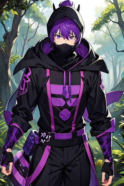 man, black and purple ninja, short purple hair, black face mask, In a forest, black hood 