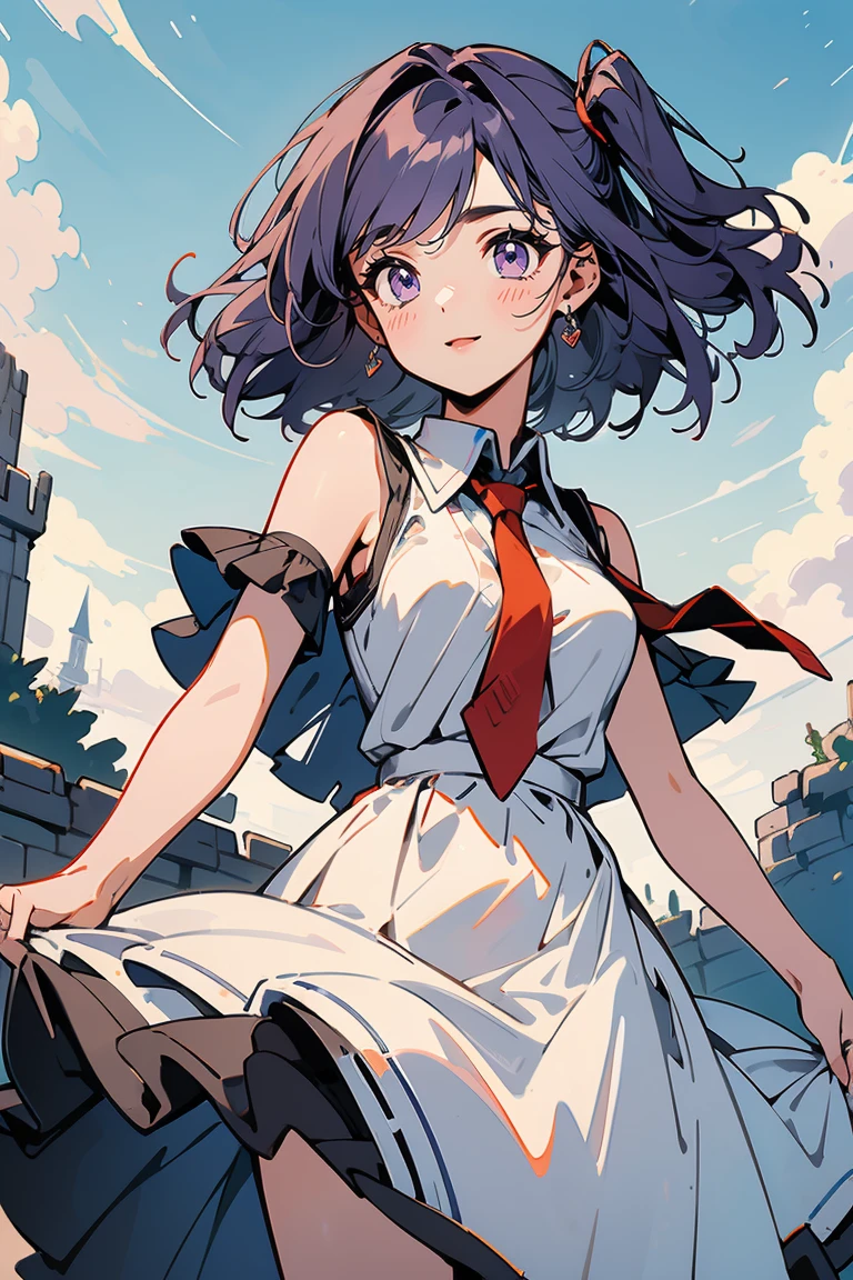 (masterpiece:1.2), (high quality:1.2), reo mikage, blue lock, girls with((1girl, solo, purple hair, (medium hair, right swept bangs, one side up:1.55), bare shoulder, blush, breasts, cowboy shot, navy blue shirt, chinese shirt dress, navy blue tops cheongsam, navy blue slit, white dress bottoms, frills dress, sleeveless, (collared shirt, red necktie:1.45), black armwarmers, elbow armwarmers, white princess dress, long dress, white frilled dress, (open dress:1.34), black shorts)), background with((fantasy world, ruin, castle, beautiful sky, shining sky, sunshine:1.35))