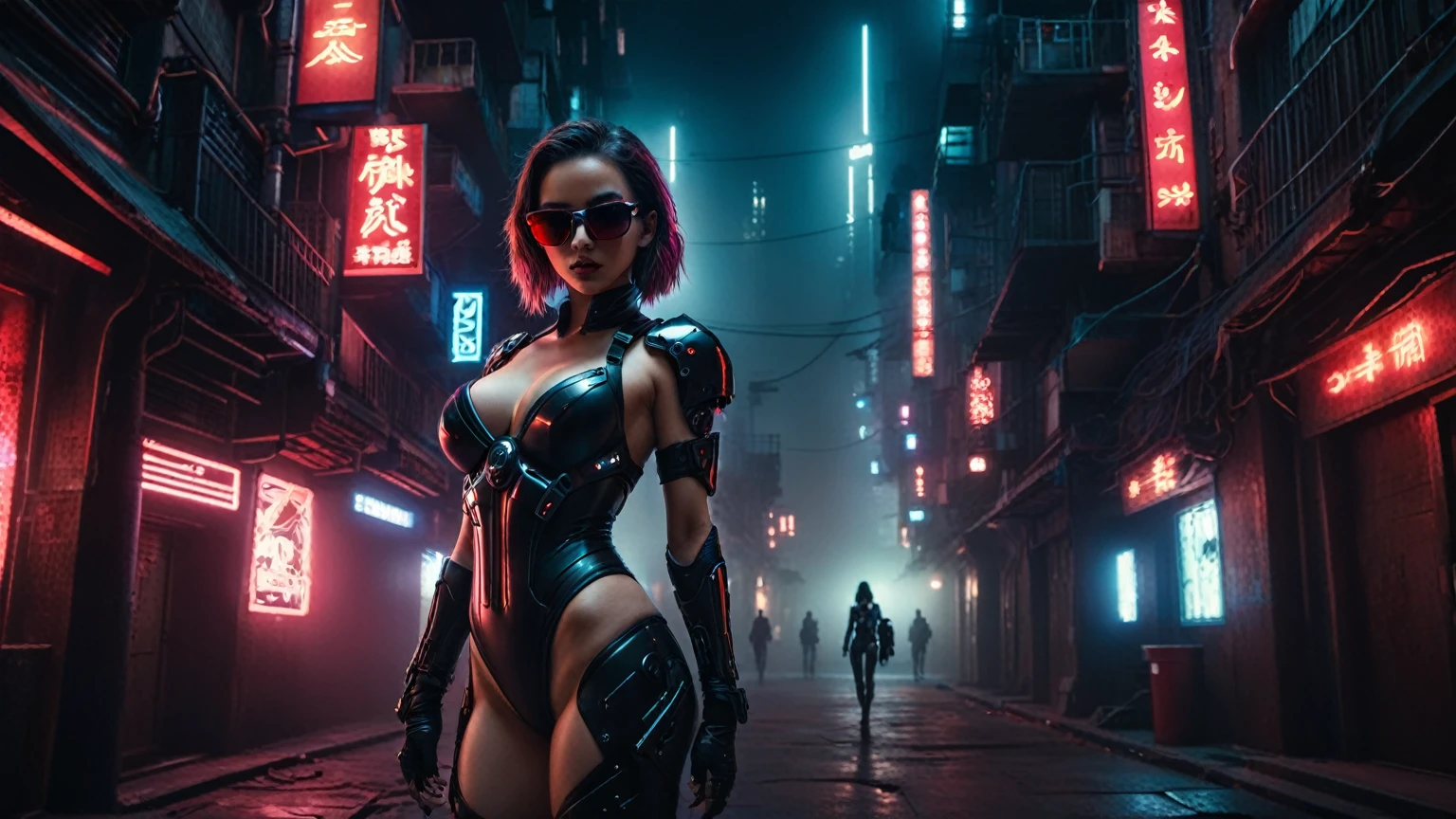 ((fisheye lens)), (1girl, solo, alone), a cyborg female warrior wearing a futuristic leotard standing in a GhostlyStyle cyberpunk city alley at dark night, darksynth aesthetic, red neons, atmospheric fog, large-breast:1.2 slim body, cleavage:1.1, (black sunglasses), (she raised a short-gun:1.8 and shot the viewer), dynamic pose, ((half-body thigh level medium shot)), cinematic lighting, lens flare, ray tracing.