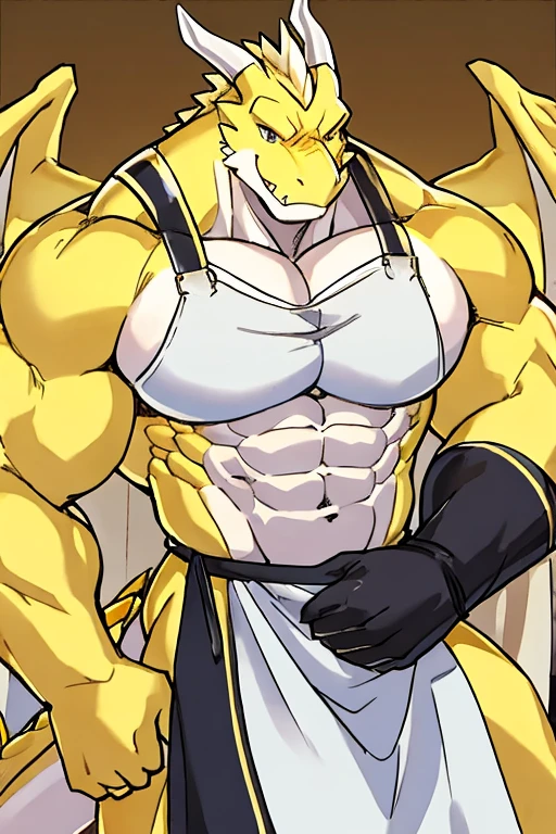 Yellow and white dragon, muscular, with yellow and white wings, herrero, with leather gloves, with leather apron