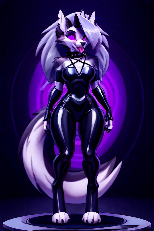 Loona female feminine hellhound standing, tongue out, using a gray latex suit, and a black techno collar, hypnotized with glowing purple eyes without iris or pupils, tongue out, full body image, laboratory background