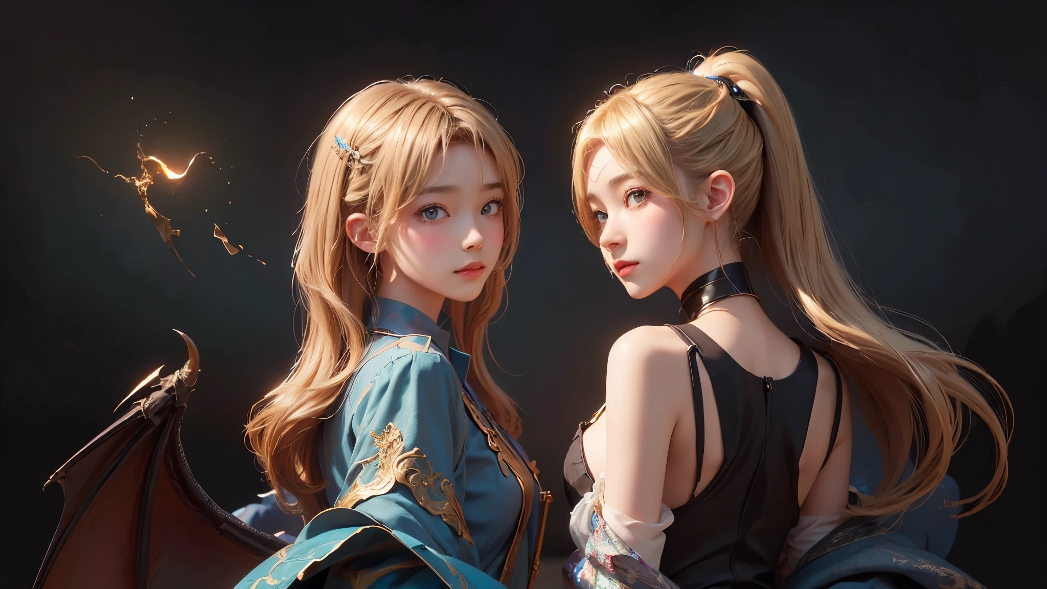 Polychrome,, night, dark, blonde, Show Viewer, In-person audience, Limited Edition Palette, Dragon Background, Shine,(Highly detailed CG Unity 8k wallpaper),(masterpiece), (Highest quality), (Vaporwave Style), (Super detailed), (Best illustrations),(Best Shadow),Perfect lighting , Perfect ??????? , Vibrant colors、
