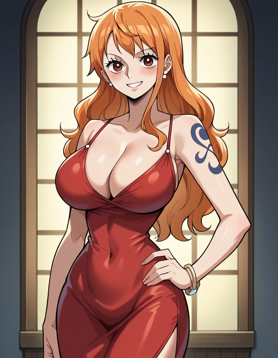 score_9, score_8_up, score_7_up, source_anime, best quality, clear face, Nami, orange hair, long hair, orange eyes, large breasts, perfect body, looking at viewer, cleavage, tight dress, red clothes, hotel, lighting, blush, gorgeous room, from front, put one hand on hips, standing, smile