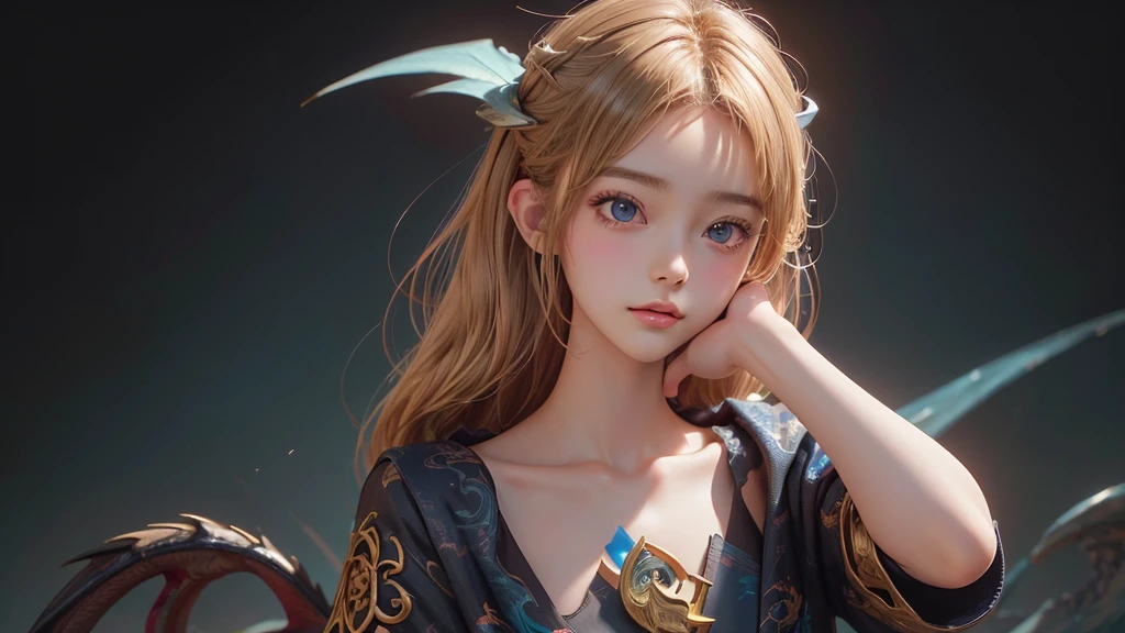 Polychrome,, night, dark, blonde, Show Viewer, In-person audience, Limited Edition Palette, Dragon Background, Shine,(Highly detailed CG Unity 8k wallpaper),(masterpiece), (Highest quality), (Vaporwave Style), (Super detailed), (Best illustrations),(Best Shadow),Perfect lighting , Perfect Anatomy , Vibrant colors、