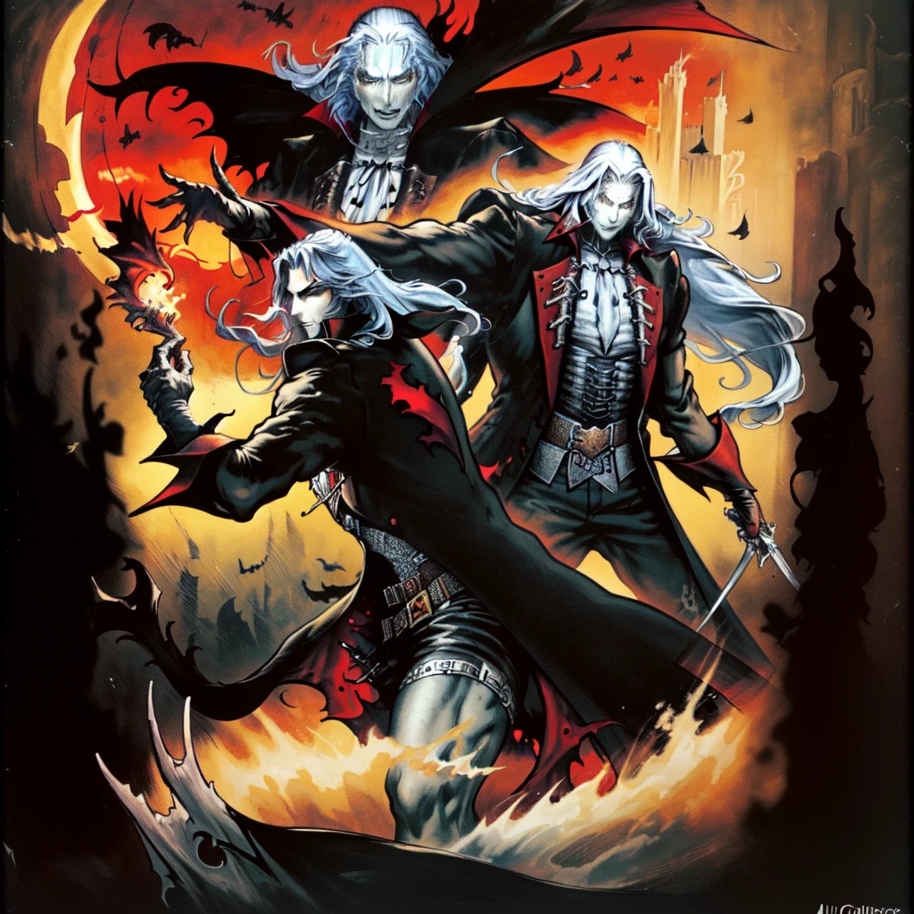 Develop an image depicting Alucard, the protagonist of Castlevania: Symphony of the Night, in a lateralized pose, showcasing his entire body. The image should convey the character's dark duality, inviting the viewer to delve into his mind and experiences. Alucard is portrayed amidst a gothic and mysterious environment, with details that emphasize the consequences of his cursed heritage. Show Alucard wielding a variety of weapons and magic. Describe reflections on his own identity and purpose. Create an immersive atmosphere filled with mysteries, capturing the gothic and dark world of Dracula's Castle. Capture the complexity of Alucard's character, his internal motivations, and the evolution of his journey. Leave room for surprising twists and emotional moments that define this iconic figure. Transport viewers into the world of Castlevania: Symphony of the Night, allowing them to explore the rich psychology and adventures of this captivating character.