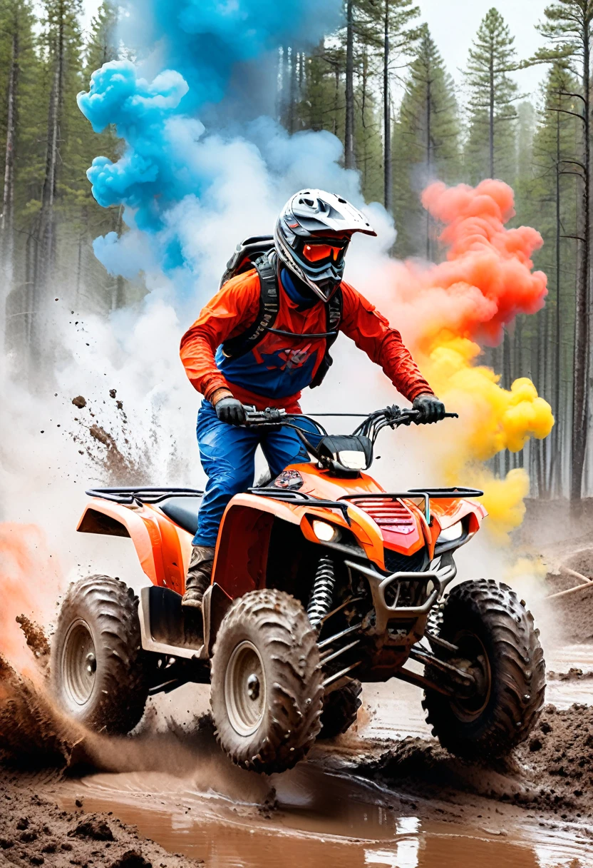 Create a white background illustration with a central graphic design of a forest with a person in a colorful red and white suit riding a colorful blue and red four-wheeled ATV with large black tires, appears to be in motion, with the wheels turning and leaving a trail of mud splashes and large colored smoke combining gray and white behind. At the top, the phrase 'Adventure' is written in bold orange and flaming letters, while 'is My Life' is at the bottom in a bright white font, adding a touch of humor and nostalgia. The background features an energetic heavy metal pattern in orange and yellow, complementing the playful and dynamic atmosphere of the design., illustration