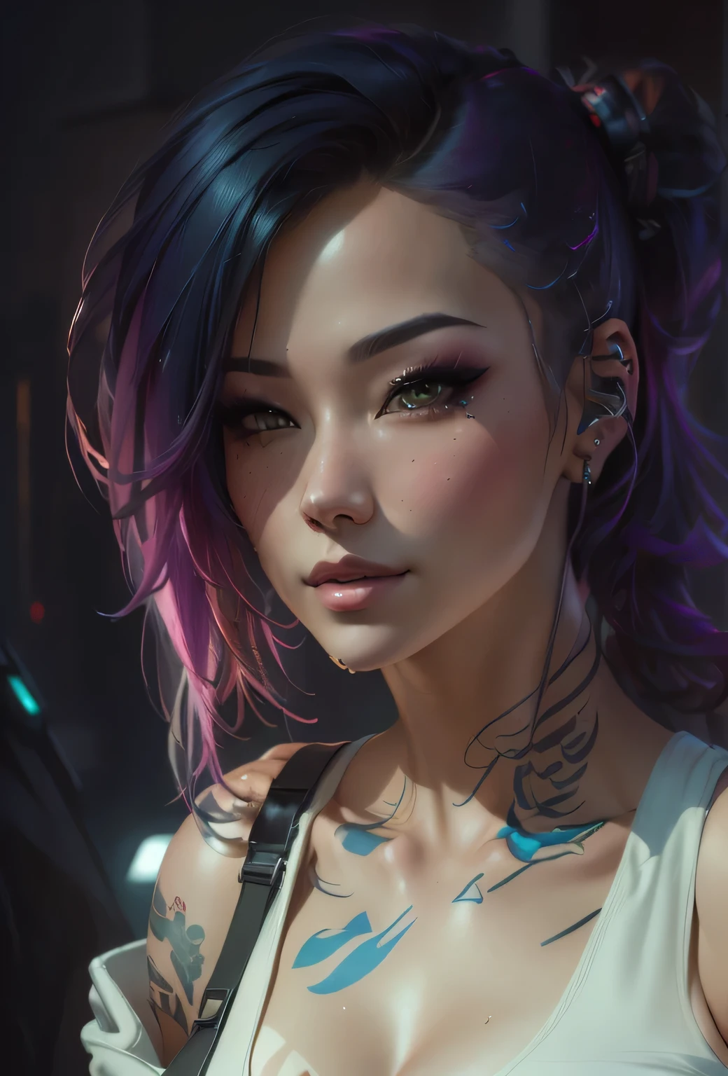 a closeup of a woman with a tattoo on her chest, Ross draws a portrait, rossdraws 1. 0, 4k realistic digital art, 4k realistic digital art, beautiful cyberpunk girl face, rossdraws digital painting, ross tran 8k, rossdraws vibrant cartoons, The portrait of the cyberpunk girl, cyberpunk beautiful girl, rossdibuja 2. 0