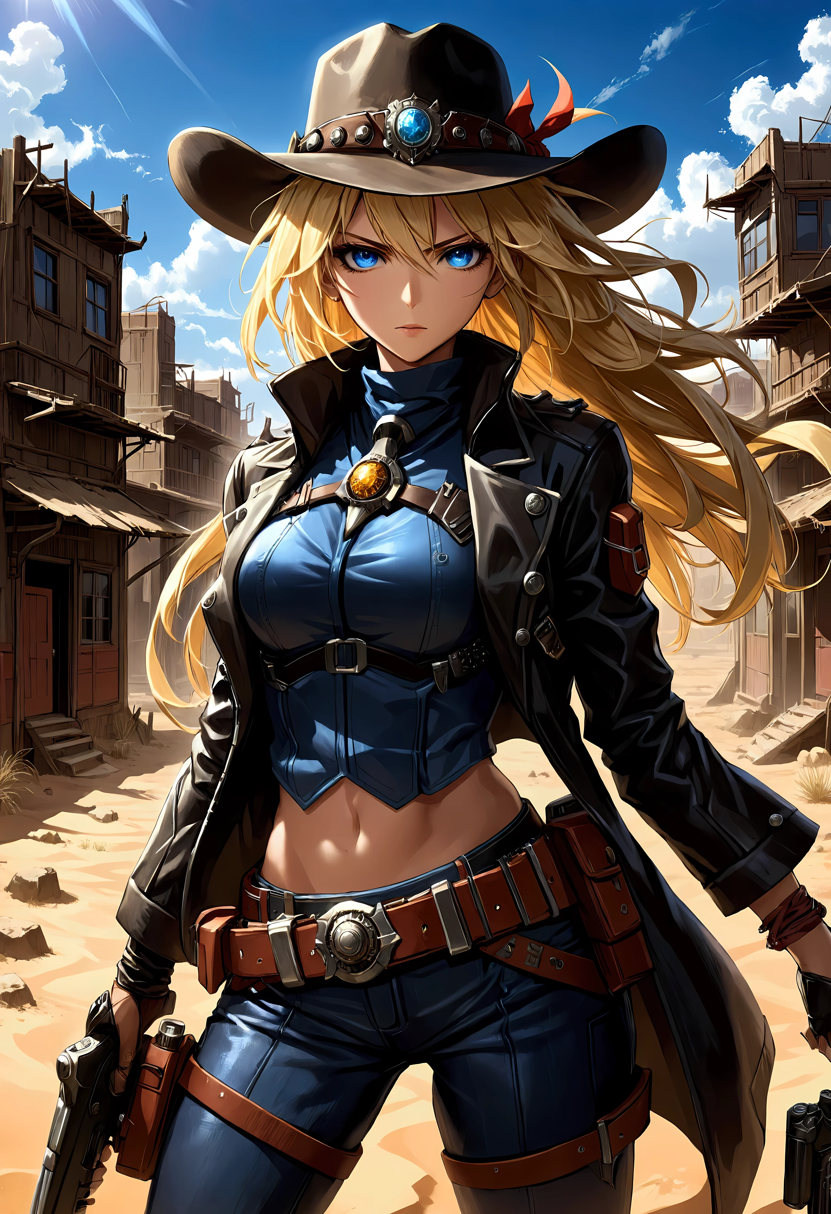 Create a breathtaking, ultra-high-definition image in 16K resolution that captures the adventurous and stylized essence of a futuristic Western world, inspired by the art style of the Trigun anime. |Visualize a striking blonde cowgirl with flowing hair and expressive blue eyes, embodying both strength and grace. She is dressed in a stylish yet rugged cowgirl outfit, featuring a wide-brimmed hat, a leather jacket with intricate patterns, a belt with a prominent buckle, and sturdy boots. Her attire should blend traditional Western elements with futuristic accents, reflecting the unique style of Trigun. | The scene is set in a desolate desert town with a few rundown buildings and a vast, arid landscape stretching into the distance. The sky is a brilliant, deep blue with a few wispy clouds, and the harsh sunlight casts long shadows, adding depth and drama to the scene. Dust and tumbleweeds drift across the ground, enhancing the wild and untamed atmosphere. | Capture the cowgirl in a dynamic pose, with one hand resting on her holstered gun and the other shading her eyes as she gazes into the distance, ready for whatever challenges lie ahead. Her expression should convey a mix of determination and confidence, with a hint of mystery. The camera angle should emphasize her full body, highlighting the details of her outfit and her strong, athletic build. | The overall ambiance should integrate vibrant colors and rich details, creating a sense of depth and immersion in this futuristic Western world. Ensure anatomical correctness, with a focus on ultra-detailed textures and high-quality rendering, capturing every nuance of the cowgirl's appearance and her rugged surroundings. This masterpiece should embody the spirit of adventure and resilience, immersing viewers in its lifelike depiction. | Keywords: (blonde cowgirl:1.3), ((Trigun anime style):1.2), ((futuristic Western)), ((dynamic pose)), ((desolate desert town)), ((detailed textures)), ((high quality)). 