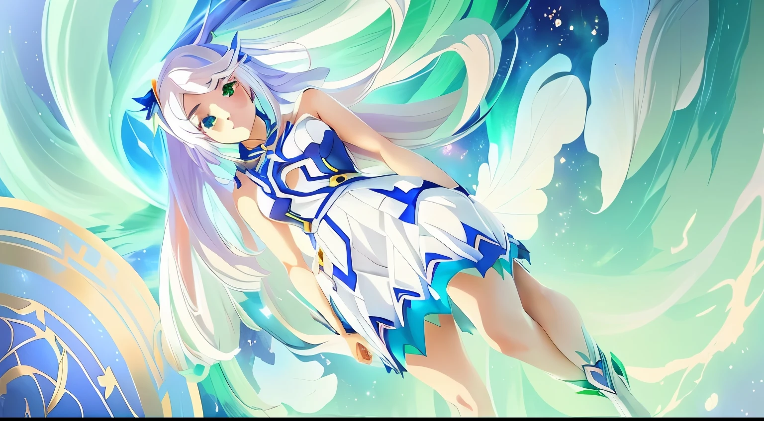 anime girl with white hair and blue eyes in a green and blue dress, splash art anime , ethereal aura, anime moe artstyle, ethereal anime, digital art on pixiv, astral fairy, official artwork, ethereal essence, shadowverse style, astral ethereal, zerochan art, macross delta splash art, pixiv style, ethereal background