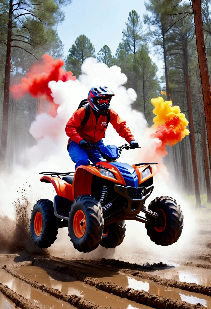 Create a white background illustration with a central graphic design of a forest with a person in a colorful red and white suit riding a colorful blue and red four-wheeled ATV with large black tires, appears to be in motion, with the wheels turning and leaving a trail of mud splashes and large colored smoke combining gray and white behind. At the top, the phrase 'Adventure' is written in bold orange and flaming letters, while 'is My Life' is at the bottom in a bright white font, adding a touch of humor and nostalgia. The background features an energetic heavy metal pattern in orange and yellow, complementing the playful and dynamic atmosphere of the design., illustration