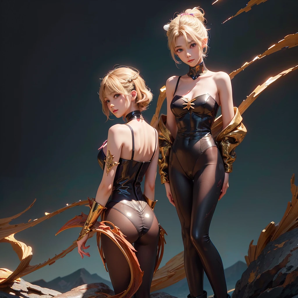 Polychrome,, night, dark, blonde, Show Viewer, In-person audience, Limited Edition Palette, Dragon Background, Shine,(Highly detailed CG Unity 8k wallpaper),(masterpiece), (Highest quality), (Vaporwave Style), (Super detailed), (Best illustrations),(Best Shadow),Perfect lighting , Perfect Anatomy , Vibrant colors、