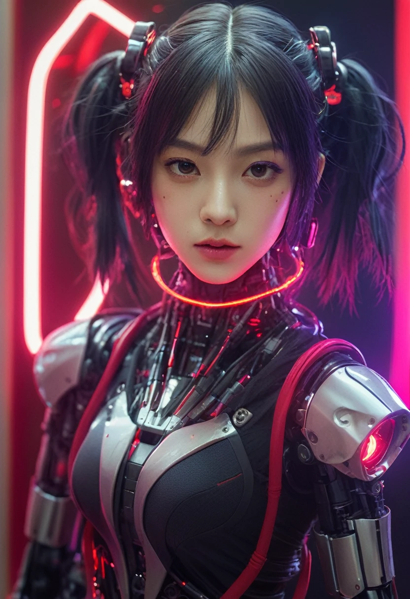 xxmixgirl. Highly detailed professional 35mm film, bokeh, face in sharp focus. A robotic female, Miku, with ((metal skin)), ((perfect Asian eyes)) with magenta irises and ((black pupils)), beautiful serious (detailed face), 18 year old ((photorealistic face)), very long magenta twin tails of magenta hair, twin black hair ties with a single red stripe. She may have a black audio headpiece. We can see her ((full body)) down to her boot soles. Her outfit is a sleeveless collared light grey shirt, outlined in red around the frilled collar and hems. Shiny reflective ((metallic breast cups, dimpleless)), invisible nipples. She wears black sleeves with red hems that start around her upper arm and bellow out as the sleeves open and extend to her wrists, with wide trumpet red rimmed cuffs. She has perfect robotic (detailed hands). She wears a red colored tie with two horizontal solid parallel black lines halfway across. She wears a fabric black skirt with a horizontal red hem at the bottom all the way around; her (((black skirt wraps around her))) and ((her skirt completely covers)) her robotic waist and thighs. Tall black boots with red bottom soles, a red rim around the top at her thighs. Her mechanical shoulder joints are visible. We can see her robotic legs and robotic neck. Half of her is covered with shiny polished machinery. The background is a distant dark neon futuristic Japanese city, gold, cyan, violet neon, near harbor or mountains.