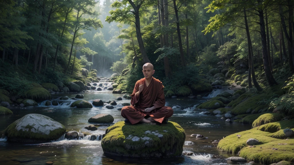 painting of a monk sitting on a rock in a forest, monk meditate, buddhist monk brooding, on the path to enlightenment, budism, sua mente contemplando a eternidade, buddhist, zen meditation, Spiritual Enlightenment, on the path of enlightenment, Bela arte UHD 4K, meditation, highly detailed digital art in 4k, 4K Art, serene illustration, brooding, background art