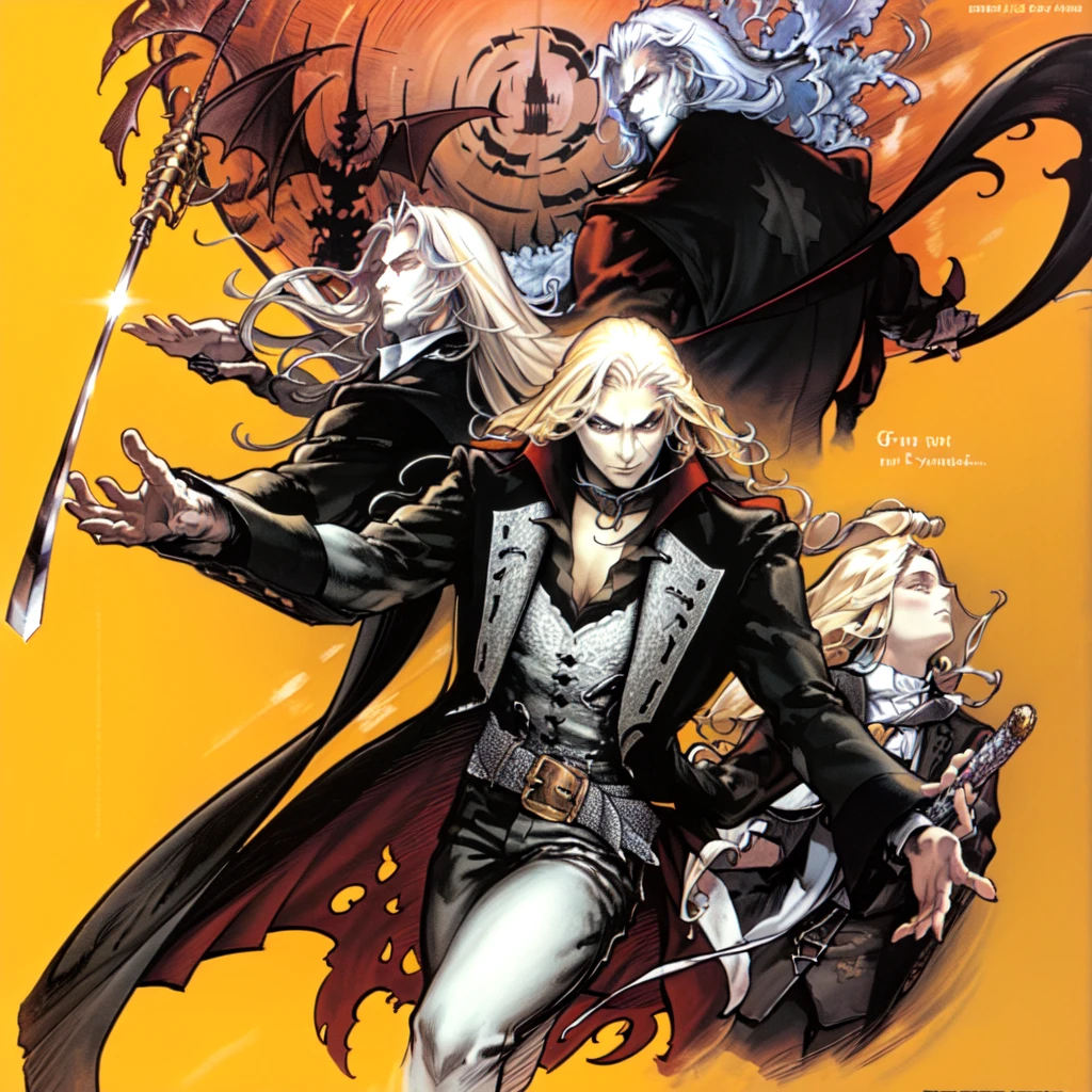 Prompt:
Generate an image of a physically young man with long blond hair. His most recurring attire is from Castlevania: Symphony of the Night, which, according to the game's setting, consists of 18th-century-style clothing. He wears a black jacket with side seams held together by four square brooches running vertically down, along with a belt. Around his neck, he wears a large white cravat. Over the jacket, he dons a long overcoat with a decorative pattern.
In addition to his clothing, he also wears a cape resembling that of Bela Lugosi. The weapon he commonly wields is the Sword, a family heirloom from his mother.
Create the image in a Bishōnen artistic style.