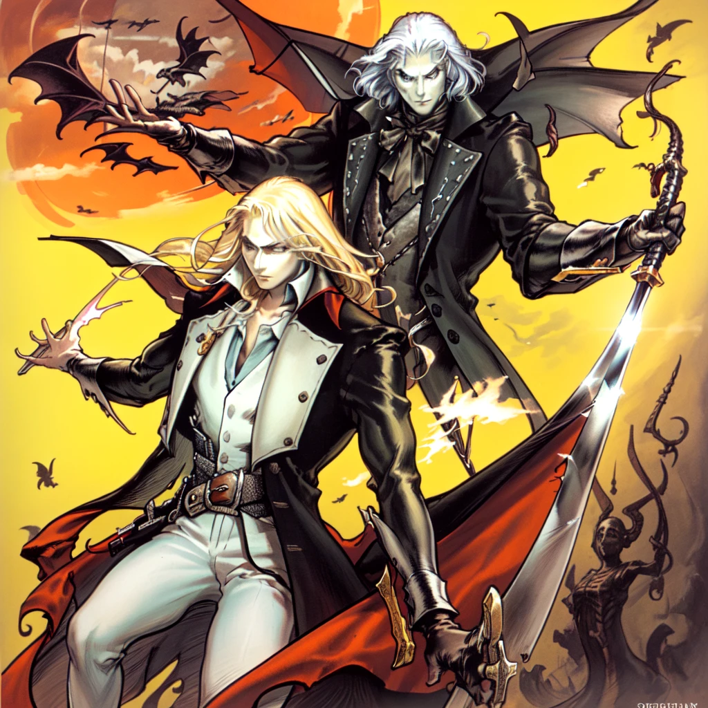 Prompt: 

Generate an image of a physically young man with long blond hair. His most recurring attire is from Castlevania: Symphony of the Night, which, according to the game's setting, consists of 18th-century-style clothing. He wears a black jacket with side seams held together by four square brooches running vertically down, along with a belt. Around his neck, he wears a large white cravat. Over the jacket, he dons a long overcoat with a decorative pattern.

In addition to his clothing, he also wears a cape resembling that of Bela Lugosi. The weapon he commonly wields is the Sword, a family heirloom from his mother.

Create the image in a Bishōnen artistic style.