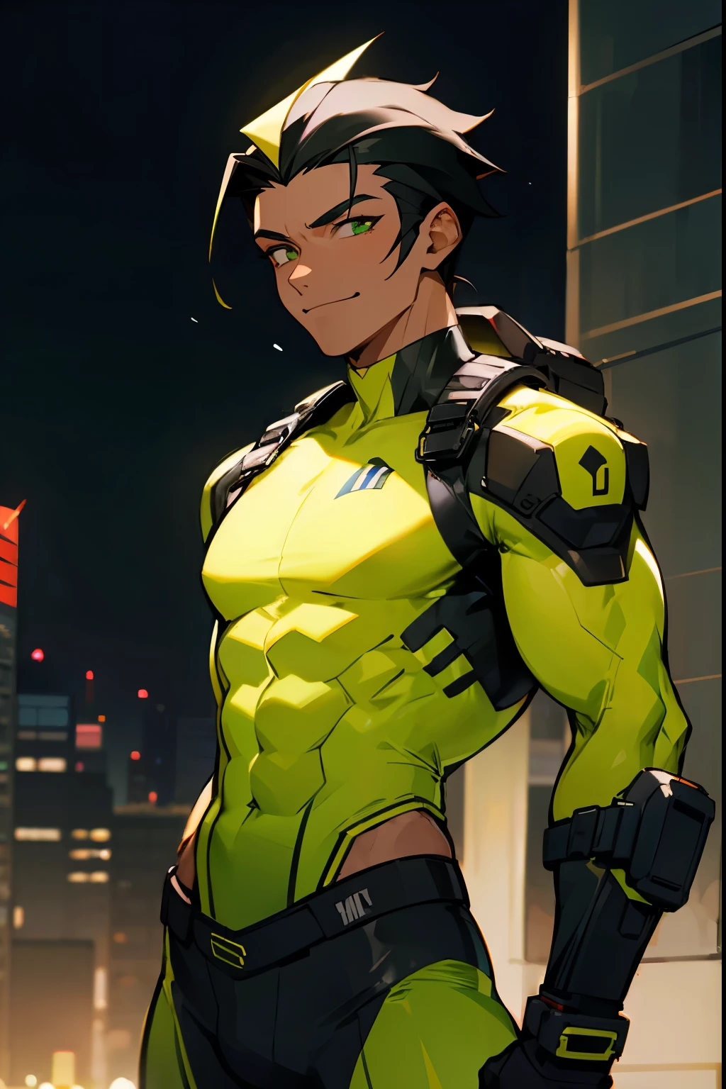 1male , Dark Skin , Goggles on Head , Jamaican Green and Yellow Compression Shirt , Muscular , Slick back Hair , Black Hair , Happy Expression , Modern City Background , Lean Muscular , Adult Male