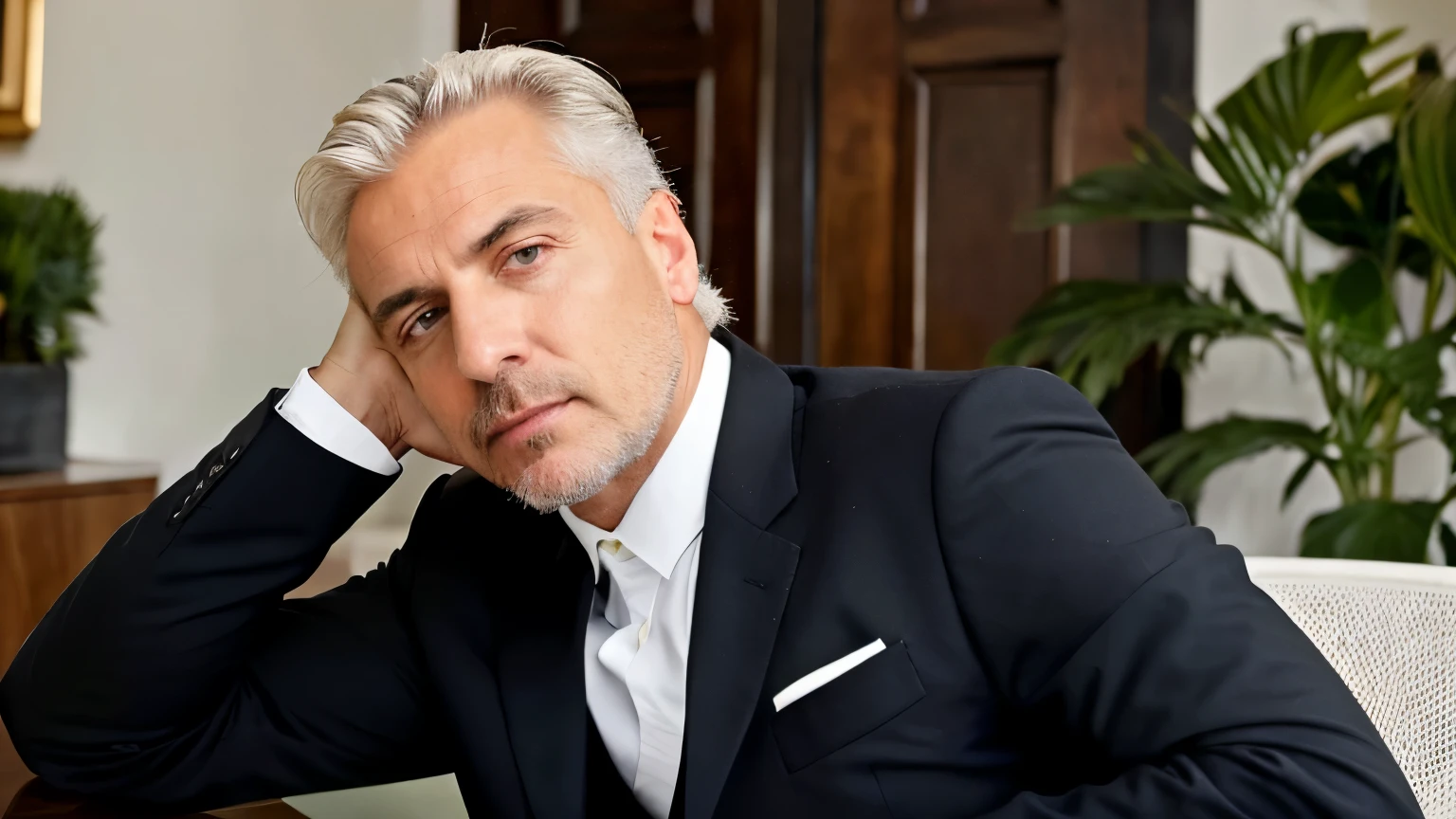 ((best qualityer)), ((work of art)), (detailded), Create an image of a man named Matteo, 50 years old. Matteo has white hair, well-groomed and slicked back. He has a serious and authoritative expression, with a penetrating gaze. Matteo wears an elegant suit, reflecting his status and respectability as the owner of a small investigative agency called Discovery. Your posture is upright and confident. No fundo, the environment is that of a well decorated office, with dark wood furniture and sophisticated details that convey an air of professionalism and success."


