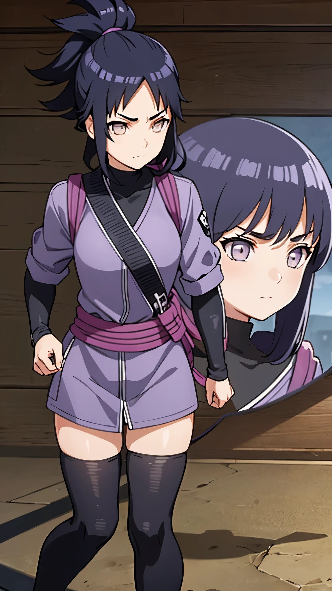 Girl, ************, Black hair, light brown eyes, ninja belt On the forehead, ninja outfit , black and lilac