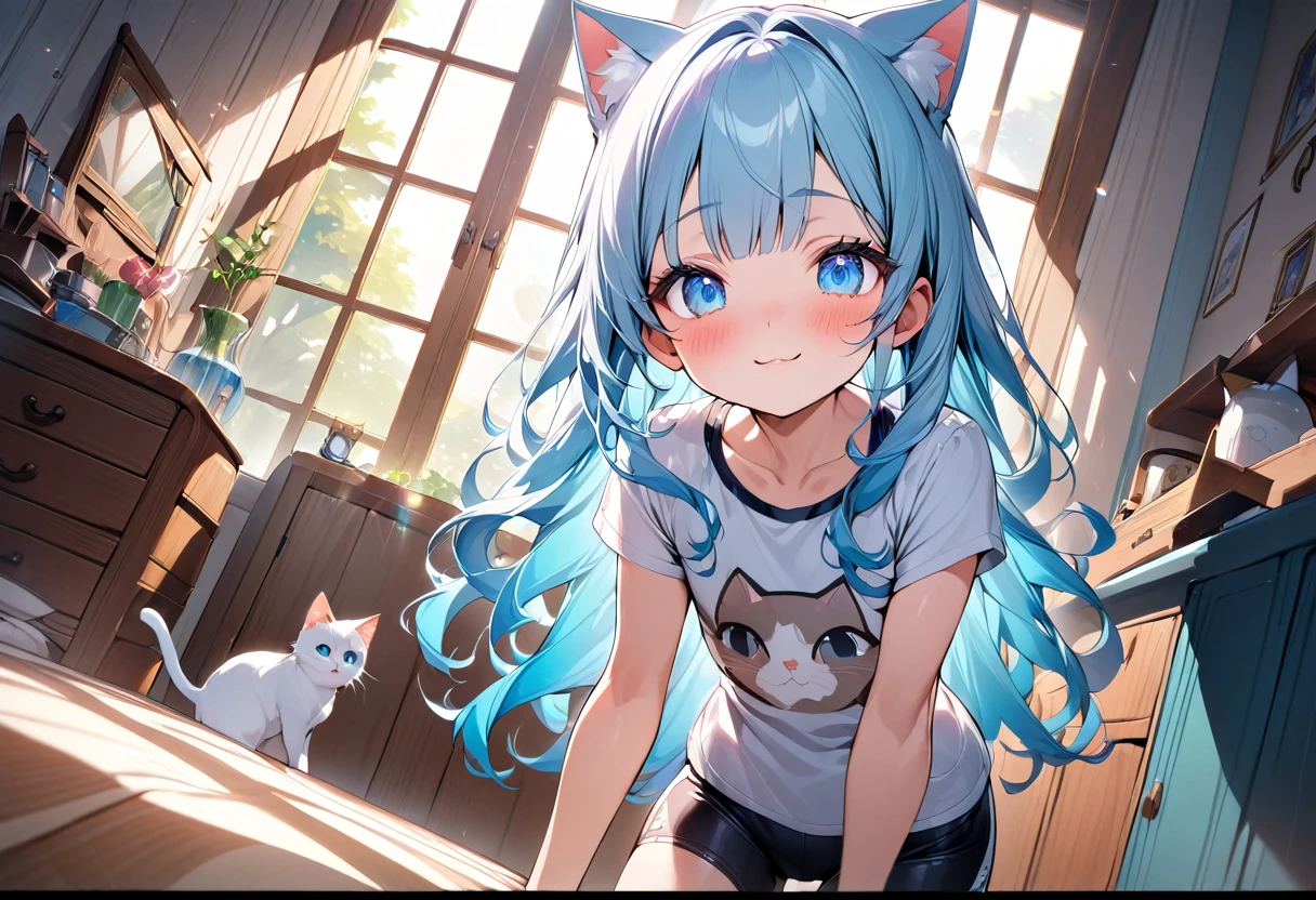 masterpiece, best quality, extremely detailed, (illustration, official art:1.1), 1 girl ,(((( light blue long hair)))), ,(((( light blue long hair)))),light blue hair, , long hair ((blush)) , cute face, big eyes, masterpiece, best quality,(((((a very delicate and beautiful girl))))),Amazing,beautiful detailed eyes,blunt bangs((((little delicate girl)))),tareme(true beautiful:1.2), sense of depth,dynamic angle,,,, affectionate smile, (true beautiful:1.2),,(tiny 1girl model:1.2),)(flat chest),、1girl,Japanese model girl,bangs,cute girl,flat chest, BREAK (pretty older sister:1.2), (cute and pop atmosphere Intimate and private snapshots:1.3),charming composition photo, (cat printed t-shirt:1.3),(tight-fit very_small boxer-shorts:1.2), in her room,window,(cute girly colorful furniture1.2), BREAK fun feeling,cute feeling, (dynamic pose:1.3),dynamic angle, (talking to viewer:1.3),(standing:1.1),relaxed, charming happy facial expression,(eyes shining:1.1),lively smile, BREAK (absurdres:1.3),,(detailed face and skin:1.3),(ultra high res:1.5),,,best quality,symmetric clear eyes,well-groomed face,(ray tracing:1.3),natural smooth moist facial skin