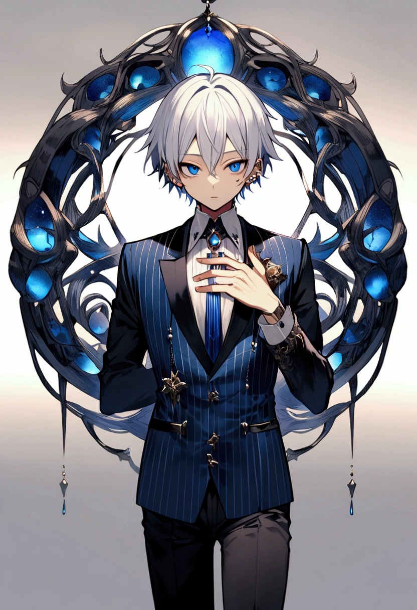 A young man, He is tall and measures 1,88 meters, has light skin, He has beautiful silver hair.., piercing deep blue eyes., in addition to a fairly defined and marked body