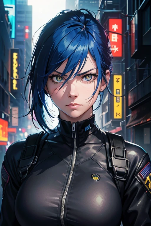 deep focus,highres:1.2),(realistic:1.37) portrait, 1female, 32 years old, Cyberpunk agent, weapon specialist, slightly serious expression, blue hair, yellow eyes, strong physique, full-body shot, professional lighting. And bekah 16 fbi profiler and tech specialist