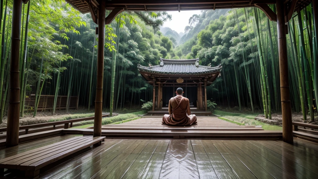 Um monge,temple,Symmetrical composition,The monk sits in the middle,Monk back,The monk faces the bamboo forest,rained,The monk sits on a futon