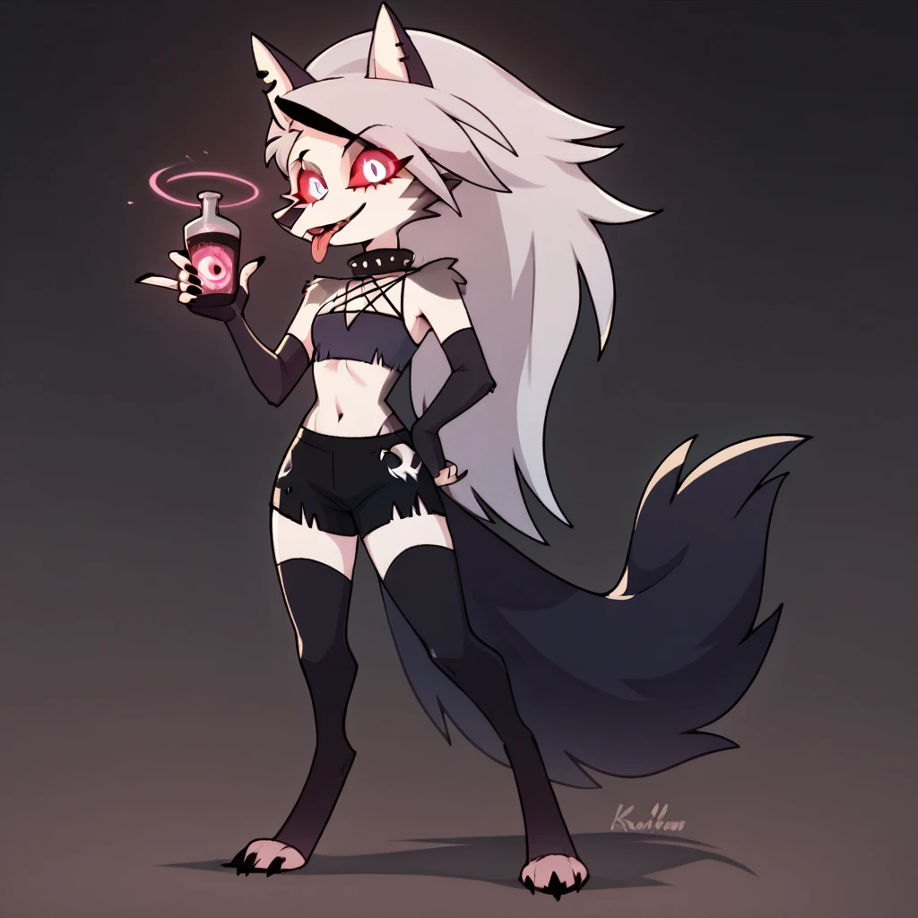 Loona female feminine hellhound standing, tongue out, using a gray latex suit, and a black techno collar, hypnotized with glowing purple eyes without iris or pupils, tongue out, full body image, laboratory background