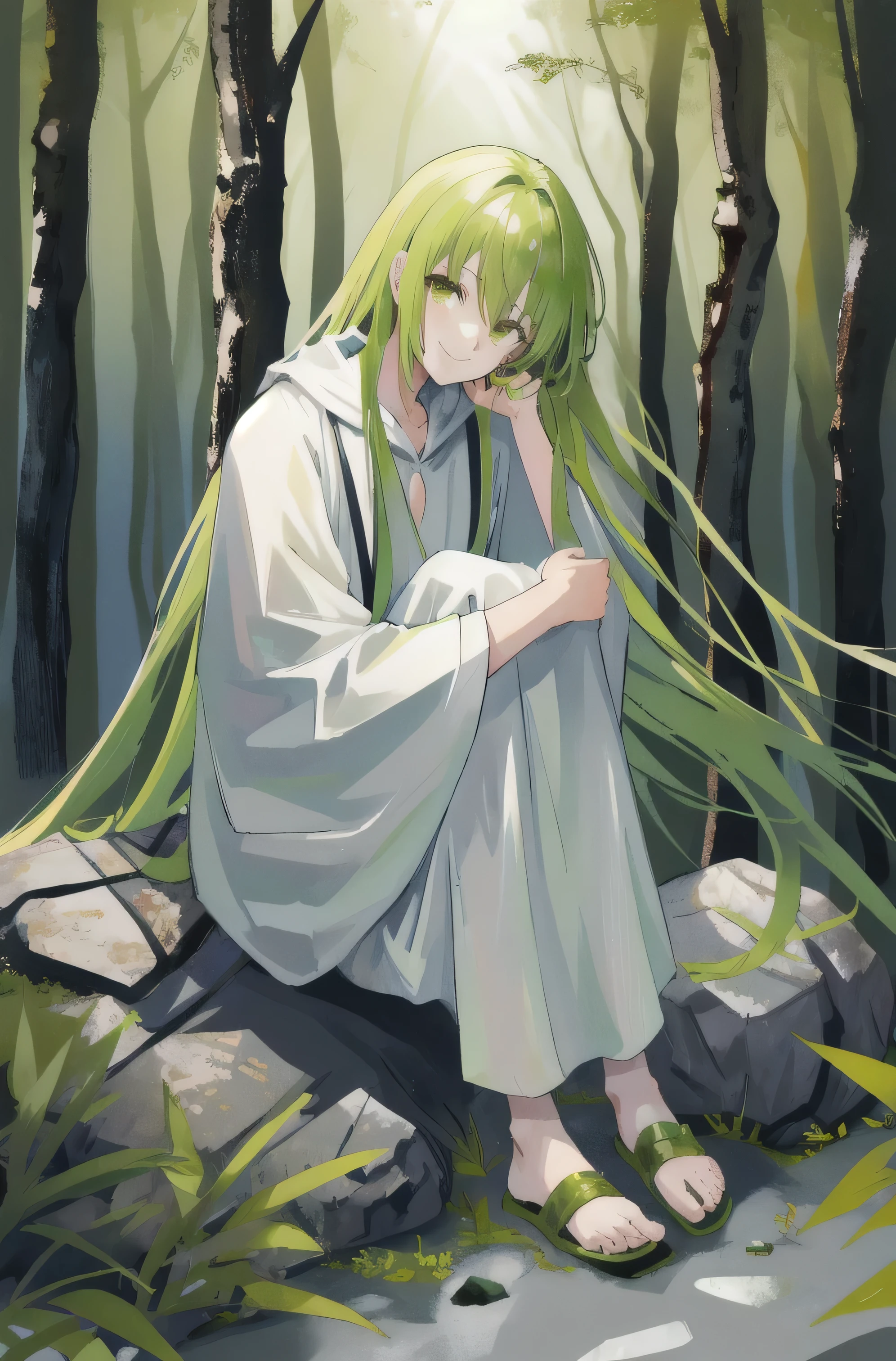 absurdres, masterpiece, best quality, highres, 1other enkidu, white robe, sitting on rock, hugging own knees, head tilt, smiling, forest, nature, plant, 