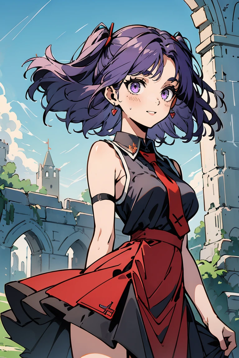 (masterpiece:1.2), (high quality:1.2), reo mikage, blue lock, girls with((1girl, solo, purple hair, (medium hair, right swept bangs, one side up:1.55), bare shoulder, blush, breasts, cowboy shot, navy blue shirt, chinese shirt dress, navy blue cheongsam, navy blue slit, white dress, frills dress, sleeveless, (collared shirt, red necktie:1.45), black armwarmers, elbow armwarmers, princess dress, long dress, frilled dress, (open dress:1.34), black shorts)), background with((fantasy world, ruin, castle, beautiful sky, shining sky, sunshine:1.35))