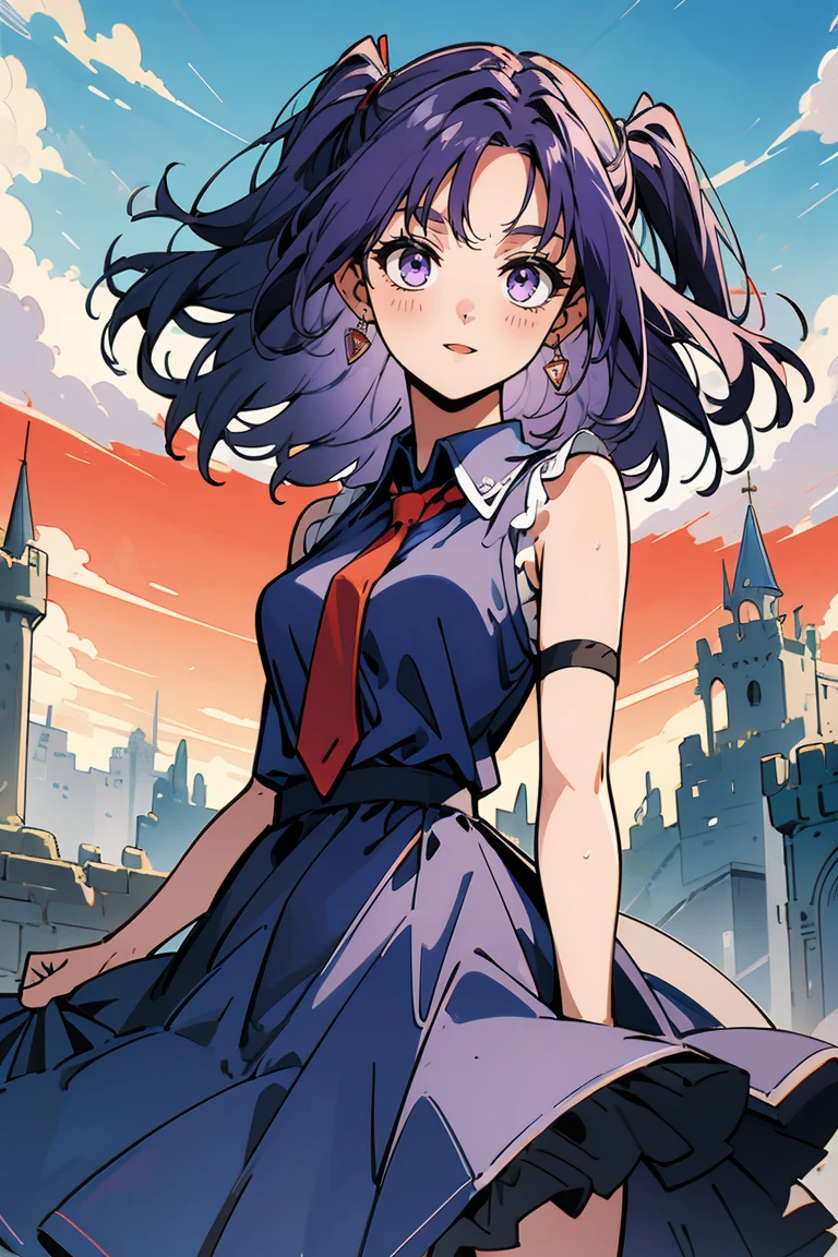 (masterpiece:1.2), (high quality:1.2), reo mikage, blue lock, girls with((1girl, solo, purple hair, (medium hair, right swept bangs, one side up:1.55), bare shoulder, blush, breasts, cowboy shot, navy blue shirt, chinese shirt dress, navy blue cheongsam, navy blue slit, white dress, frills dress, sleeveless, (collared shirt, red necktie:1.45), black armwarmers, elbow armwarmers, princess dress, long dress, frilled dress, (open dress:1.34), black shorts)), background with((fantasy world, ruin, castle, beautiful sky, shining sky, sunshine:1.35))