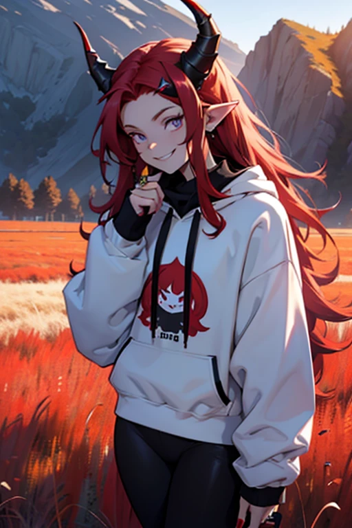 woman, long hair, red hair, on her head she has two horns, her horns are small, ears a little pointed, 
 one of her hands is in her hair, violet eyes, she is smiling, she wears a sweatshirt, a black sweatshirt with white symbols, she wears leggings, she wears two rings on her hand, the scene is in a field